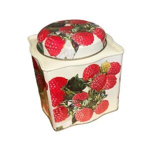 Vintage Dept 56 Decorative Tin Square Raspberry White cream With Red Berries.